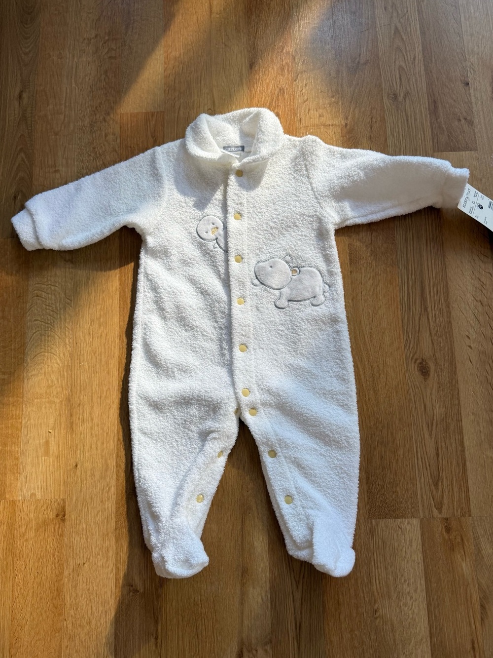 Cozy White Fleece Baby One-Piece - Hippo and Duck Embroidery